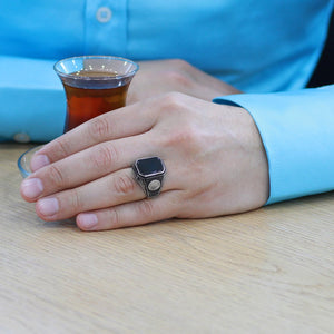 925 Sterling Silver Men's Ring with Dot Embroidered Black Onyx Stone and Personalized Name Letters - EFENDINA PAZAR - Tesbihane - 102002600