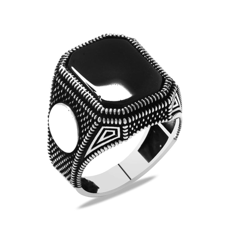 925 Sterling Silver Men's Ring with Dot Embroidered Black Onyx Stone and Personalized Name Letters - EFENDINA PAZAR - Tesbihane - 102002600