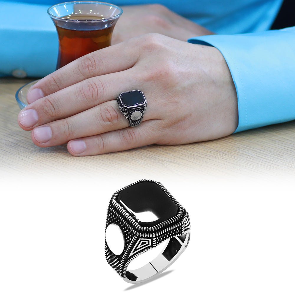925 Sterling Silver Men's Ring with Dot Embroidered Black Onyx Stone and Personalized Name Letters - EFENDINA PAZAR - Tesbihane - 102002600