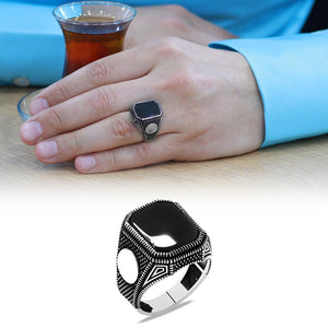 925 Sterling Silver Men's Ring with Dot Embroidered Black Onyx Stone and Personalized Name Letters - EFENDINA PAZAR - Tesbihane - 102002600