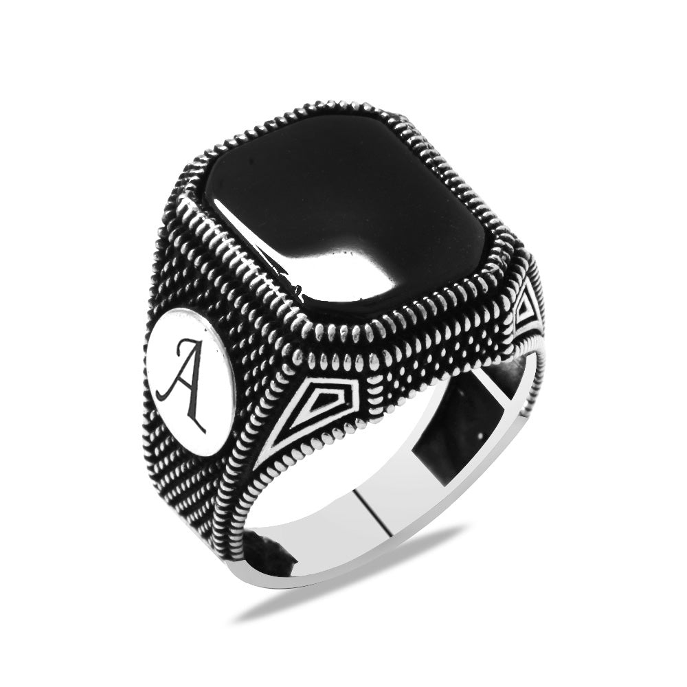 925 Sterling Silver Men's Ring with Dot Embroidered Black Onyx Stone and Personalized Name Letters - EFENDINA PAZAR - Tesbihane - 102002600