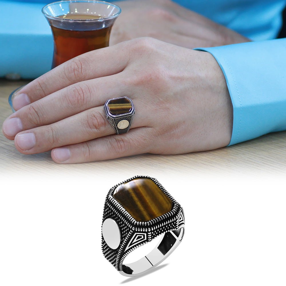 925 Sterling Silver Men's Ring with Dot Embroidered Tiger's Eye Stone and Personalized Name Letters - EFENDINA PAZAR - Tesbihane - 102002601