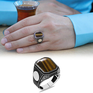925 Sterling Silver Men's Ring with Dot Embroidered Tiger's Eye Stone and Personalized Name Letters - EFENDINA PAZAR - Tesbihane - 102002601