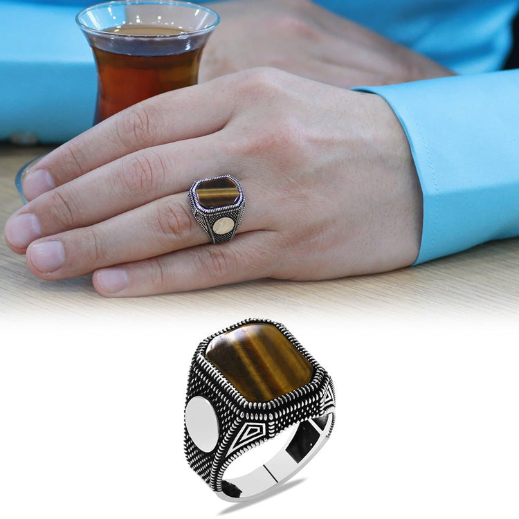 925 Sterling Silver Men's Ring with Dot Embroidered Tiger's Eye Stone and Personalized Name Letters - EFENDINA PAZAR - Tesbihane - 102002601