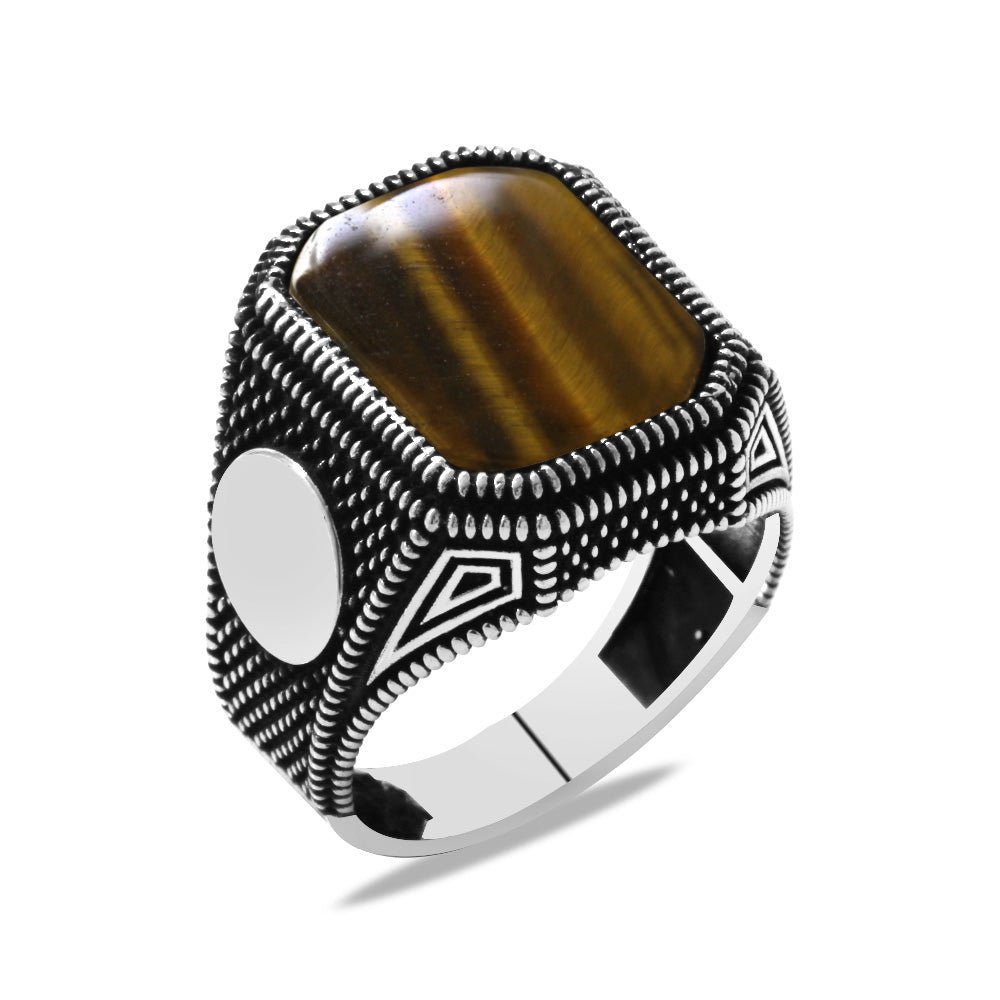 925 Sterling Silver Men's Ring with Dot Embroidered Tiger's Eye Stone and Personalized Name Letters - EFENDINA PAZAR - Tesbihane - 102002601