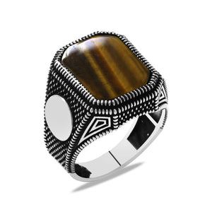925 Sterling Silver Men's Ring with Dot Embroidered Tiger's Eye Stone and Personalized Name Letters - EFENDINA PAZAR - Tesbihane - 102002601