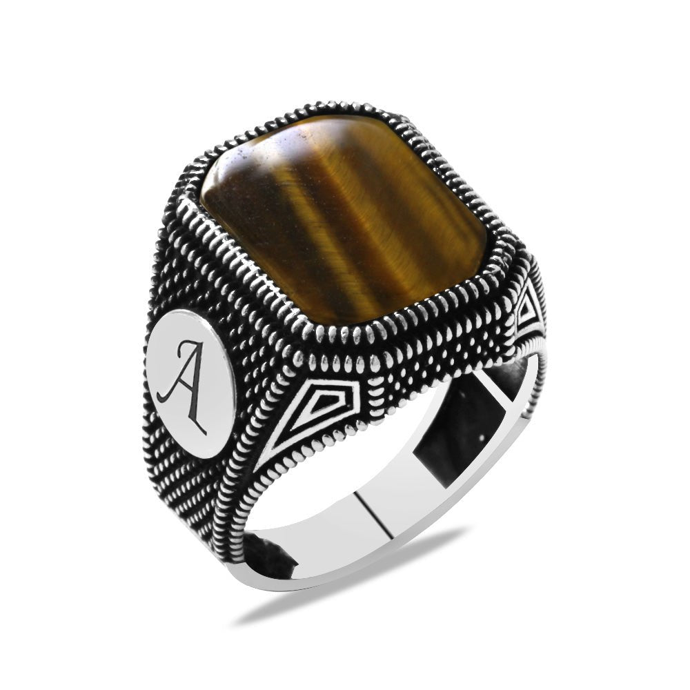 925 Sterling Silver Men's Ring with Dot Embroidered Tiger's Eye Stone and Personalized Name Letters - EFENDINA PAZAR - Tesbihane - 102002601