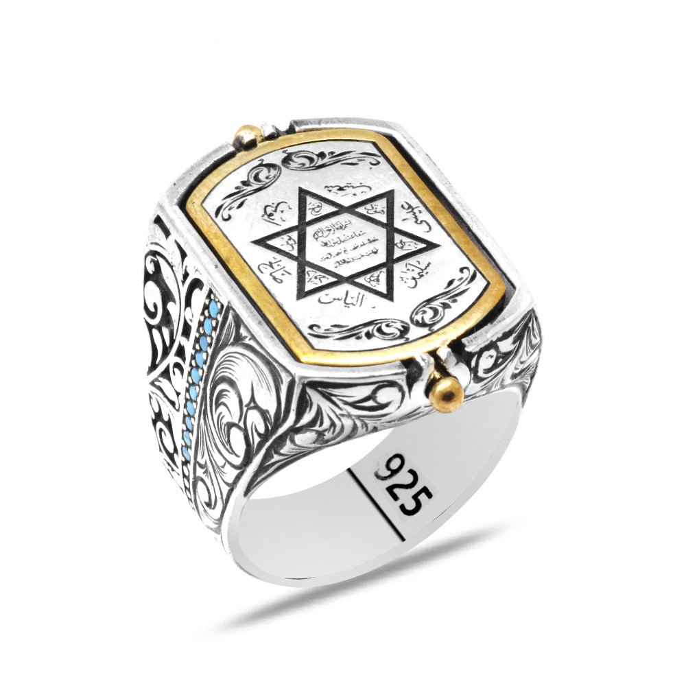 925 Sterling Silver Men's Ring with Double Sided Crescent, Star and (Seal of Solomon) Embroidered - EFENDINA PAZAR - Tesbihane - 102002676