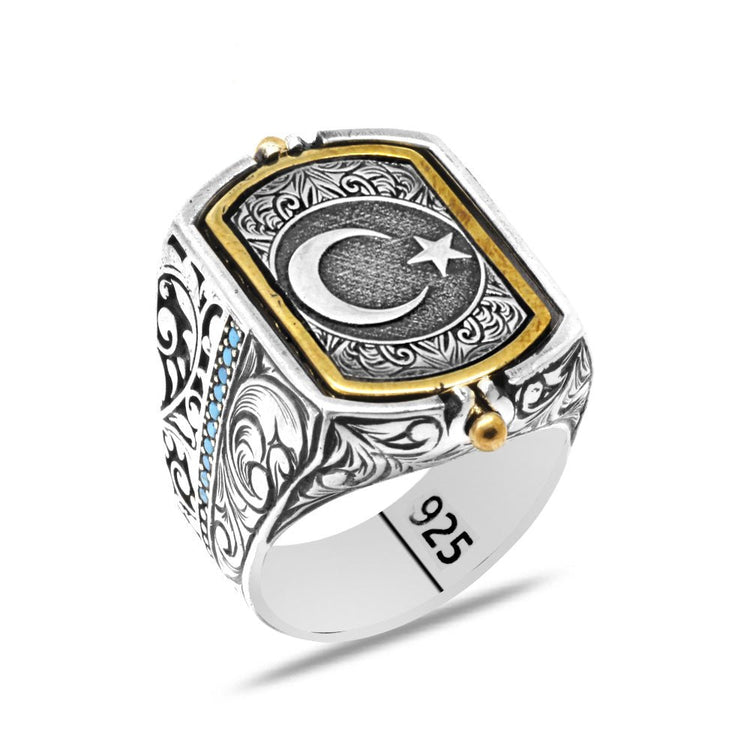 925 Sterling Silver Men's Ring with Double Sided Crescent, Star and (Seal of Solomon) Embroidered - EFENDINA PAZAR - Tesbihane - 102002676