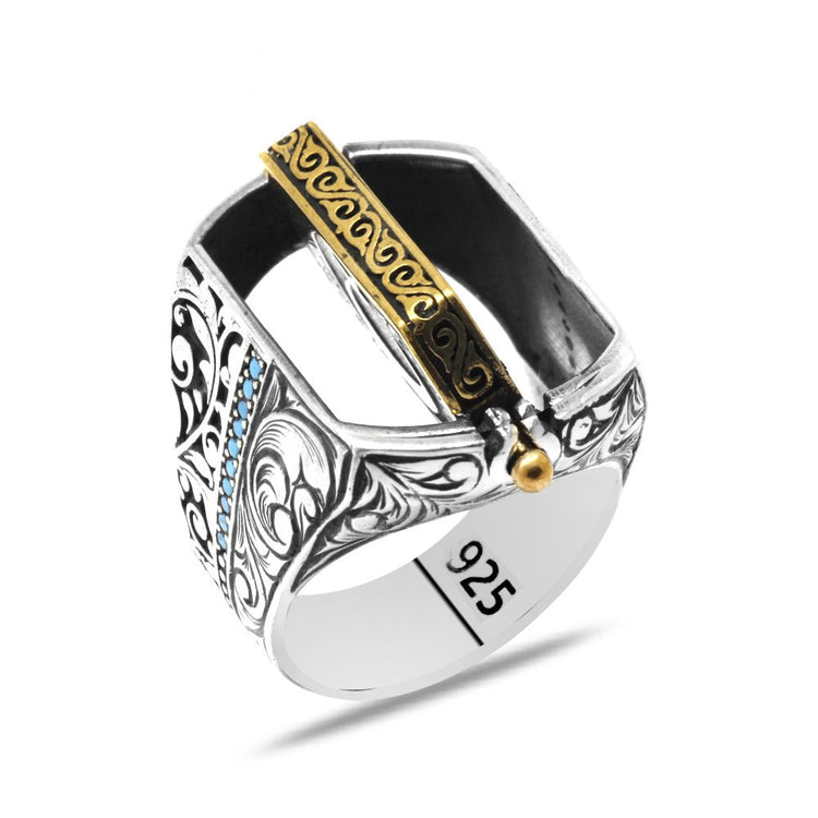 925 Sterling Silver Men's Ring with Double Sided Crescent, Star and (Seal of Solomon) Embroidered - EFENDINA PAZAR - Tesbihane - 102002676