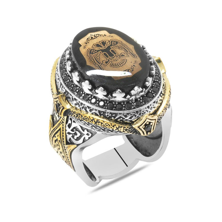 925 Sterling Silver Men's Ring with Eagle Pattern on Black Pressed Amber Stone - EFENDINA PAZAR - Tesbihane - 102002784