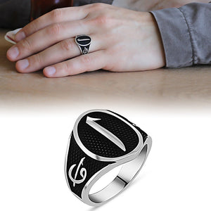 925 Sterling Silver Men's Ring with Elif "و" and Elif Motif - EFENDINA PAZAR - Tesbihane - 102000662