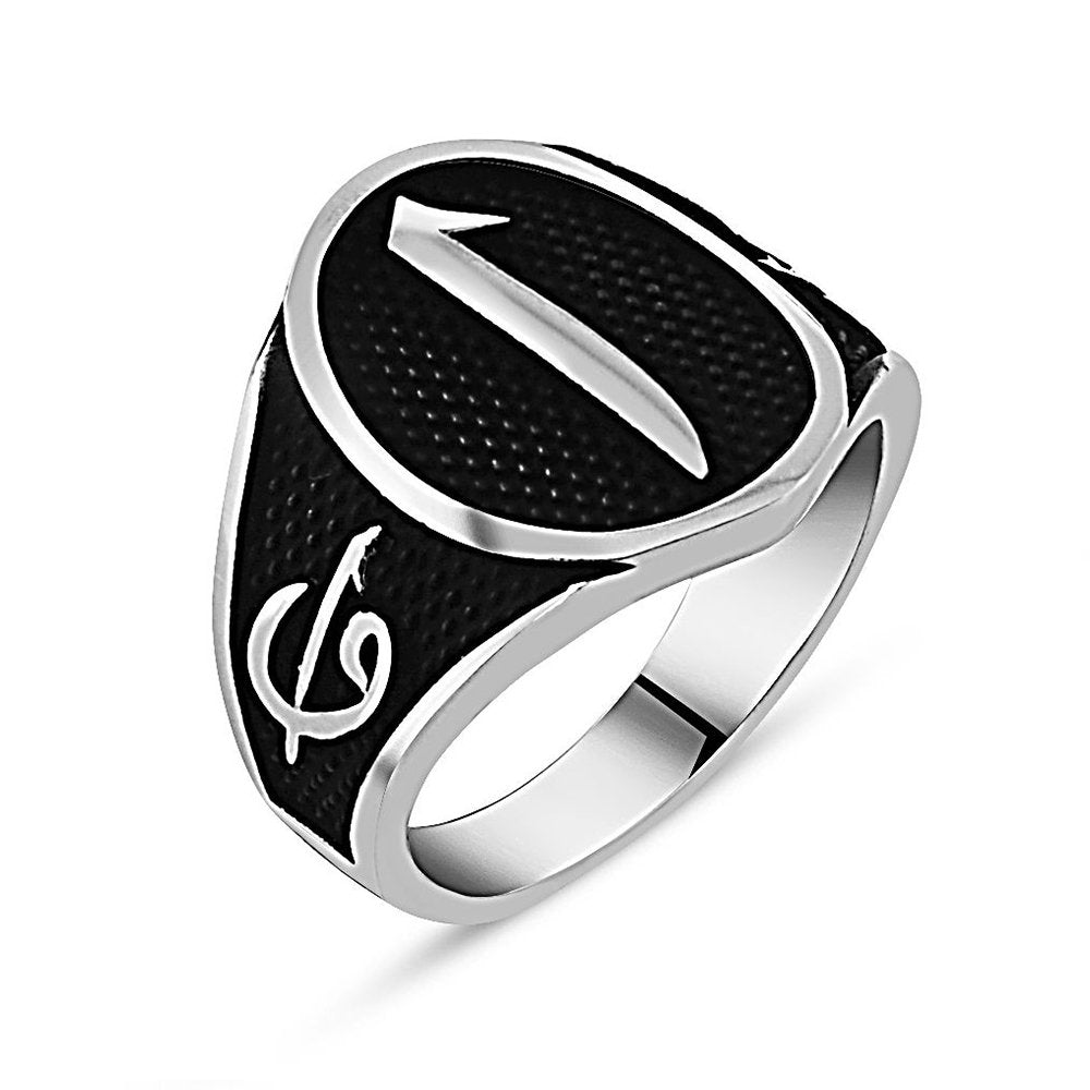 925 Sterling Silver Men's Ring with Elif "و" and Elif Motif - EFENDINA PAZAR - Tesbihane - 102000662