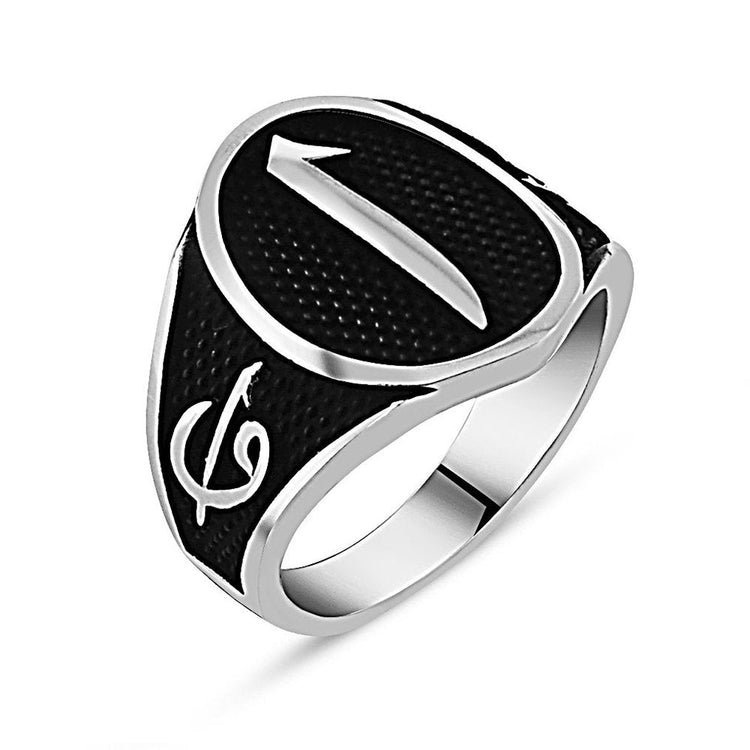 925 Sterling Silver Men's Ring with Elif "و" and Elif Motif - EFENDINA PAZAR - Tesbihane - 102000662
