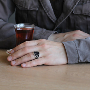 925 Sterling Silver Men's Ring with Elif "و" and Elif Motif - EFENDINA PAZAR - Tesbihane - 102000662