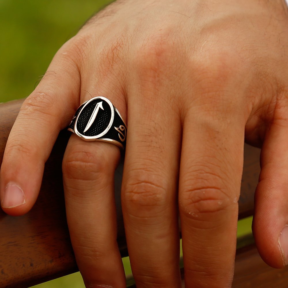 925 Sterling Silver Men's Ring with Elif "و" and Elif Motif - EFENDINA PAZAR - Tesbihane - 102000662
