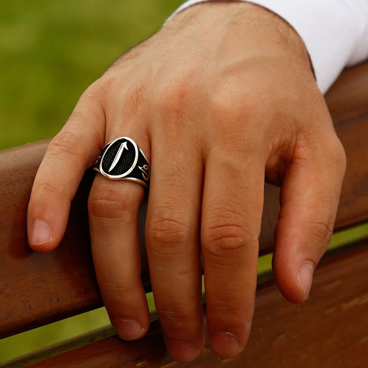 925 Sterling Silver Men's Ring with Elif "و" and Elif Motif - EFENDINA PAZAR - Tesbihane - 102000662