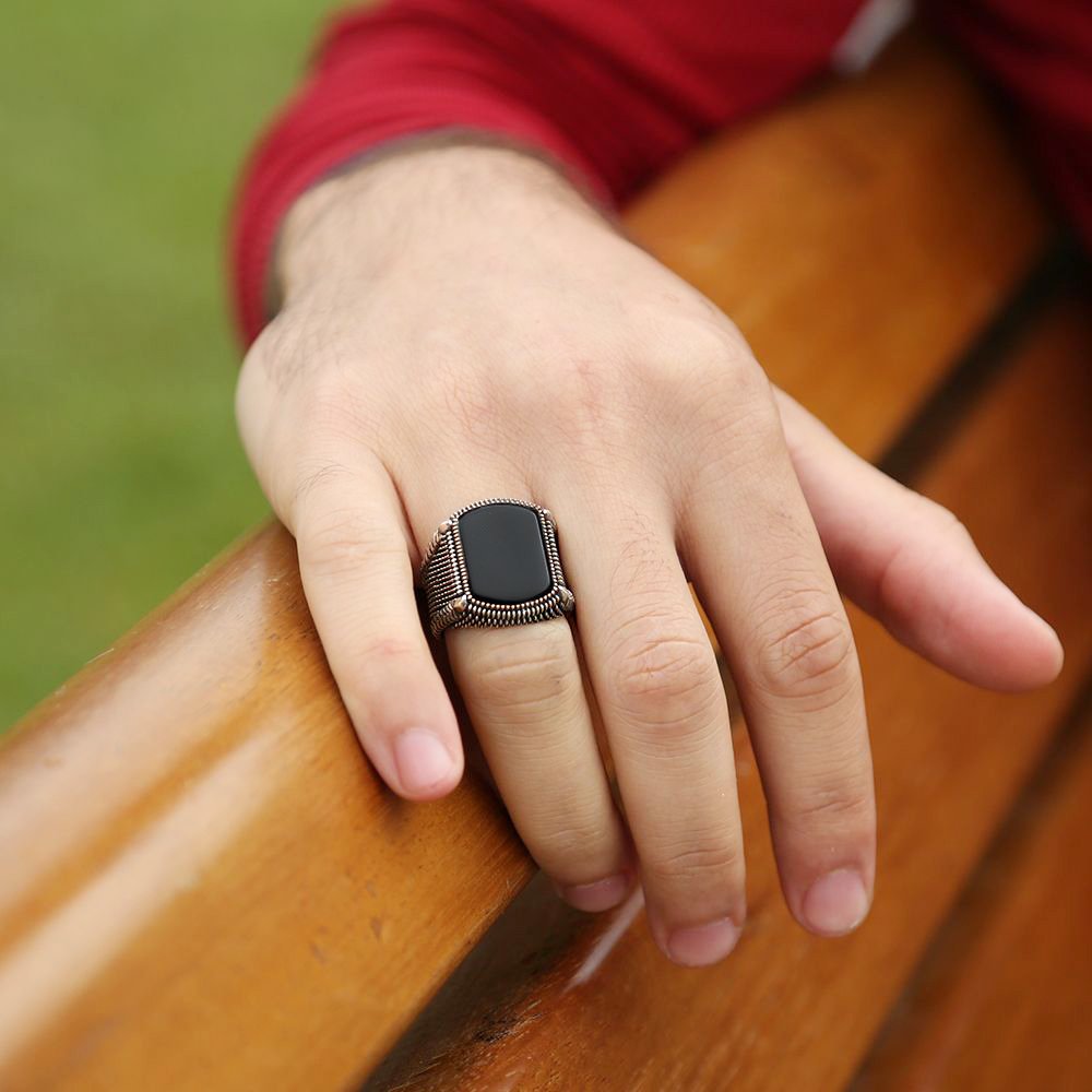 925 Sterling Silver Men's Ring with Embroidered Black Onyx Stone - EFENDINA PAZAR - Tesbihane - 65020003