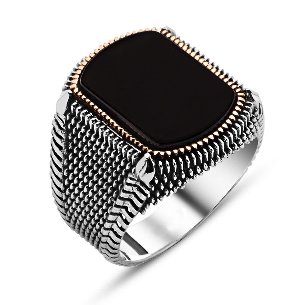 925 Sterling Silver Men's Ring with Embroidered Black Onyx Stone - EFENDINA PAZAR - Tesbihane - 65020003