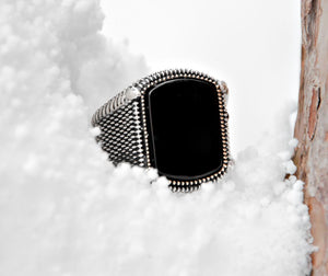 925 Sterling Silver Men's Ring with Embroidered Black Onyx Stone - EFENDINA PAZAR - Tesbihane - 65020003