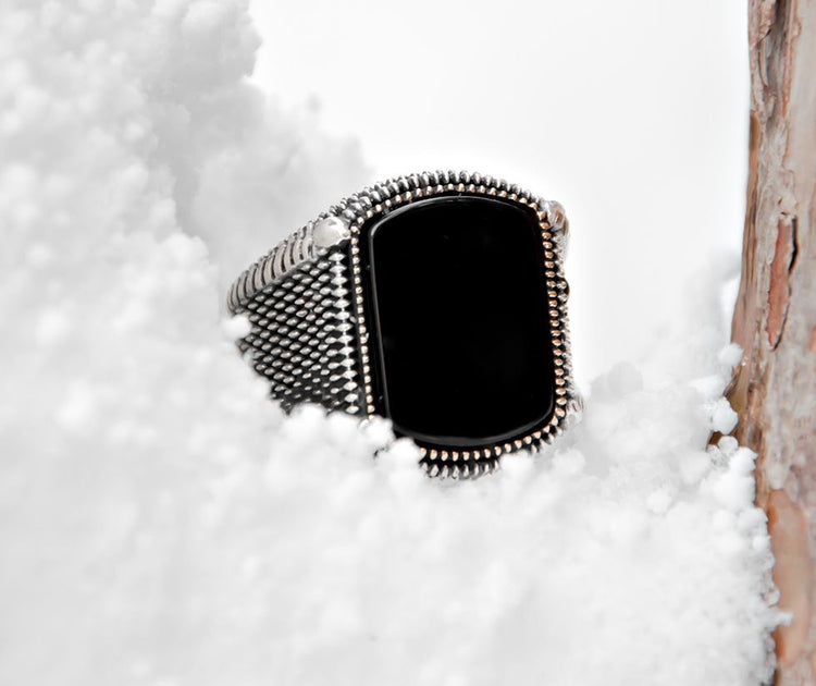 925 Sterling Silver Men's Ring with Embroidered Black Onyx Stone - EFENDINA PAZAR - Tesbihane - 65020003