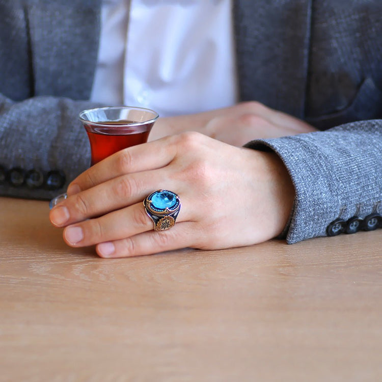 925 Sterling Silver Men's Ring with Facet Cut Aqua Paraiba Stone - EFENDINA PAZAR - Tesbihane - 102002287