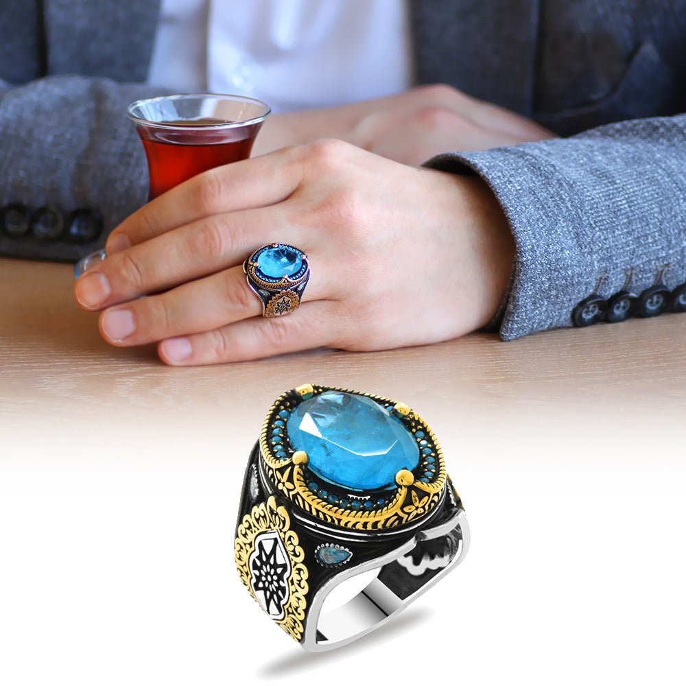 925 Sterling Silver Men's Ring with Facet Cut Aqua Paraiba Stone - EFENDINA PAZAR - Tesbihane - 102002287