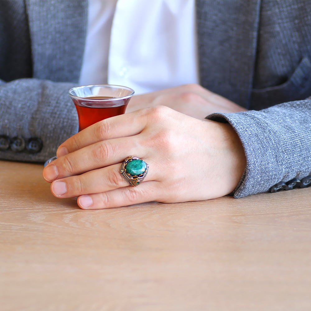 925 Sterling Silver Men's Ring with Facet Cut Green Paraiba Stone - EFENDINA PAZAR - Tesbihane - 102002286