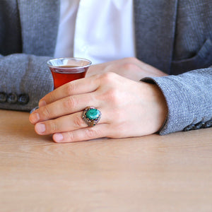 925 Sterling Silver Men's Ring with Facet Cut Green Paraiba Stone - EFENDINA PAZAR - Tesbihane - 102002286