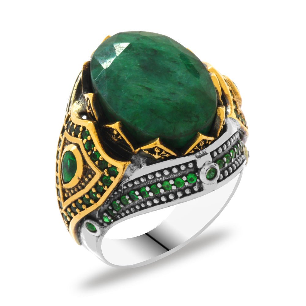 925 Sterling Silver Men's Ring with Facet Cut Green Paraiba Stone - EFENDINA PAZAR - Tesbihane - 102002286