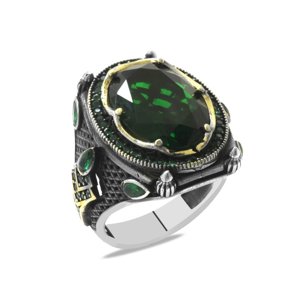 925 Sterling Silver Men's Ring with Facet Cut Green Zircon Stone and Torch Detail on the Sides - EFENDINA PAZAR - Tesbihane - 102002595