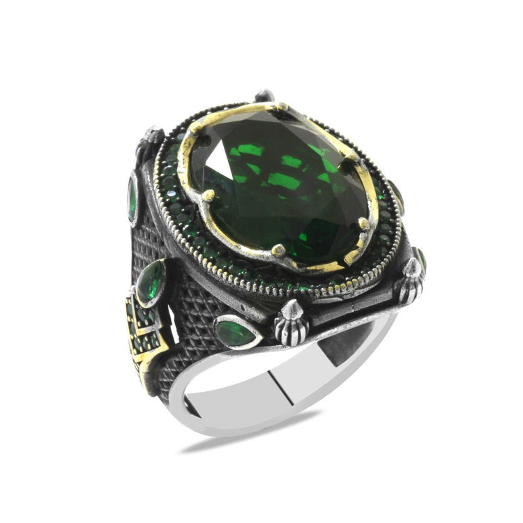 925 Sterling Silver Men's Ring with Facet Cut Green Zircon Stone and Torch Detail on the Sides - EFENDINA PAZAR - Tesbihane - 102002595