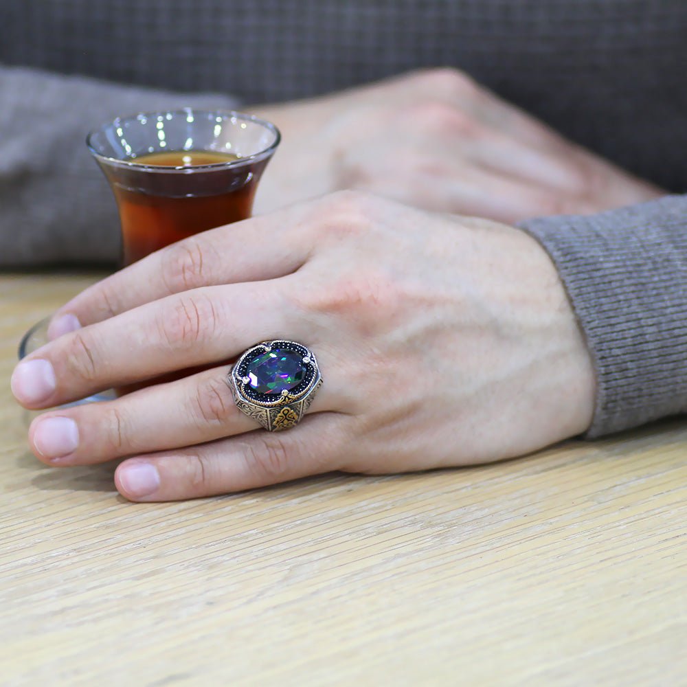 925 Sterling Silver Men's Ring with Facet Cut Mystic Topaz Stone and Gothic Decorations on the Sides - EFENDINA PAZAR - Tesbihane - 102002335