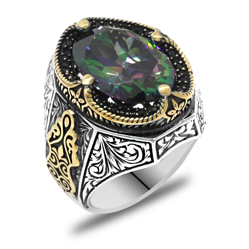 925 Sterling Silver Men's Ring with Facet Cut Mystic Topaz Stone and Gothic Decorations on the Sides - EFENDINA PAZAR - Tesbihane - 102002335
