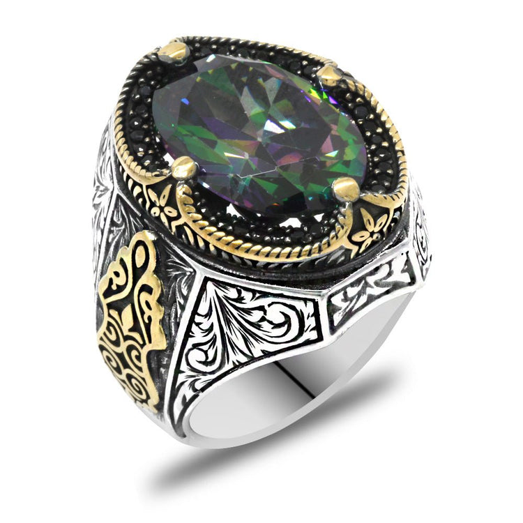 925 Sterling Silver Men's Ring with Facet Cut Mystic Topaz Stone and Gothic Decorations on the Sides - EFENDINA PAZAR - Tesbihane - 102002335