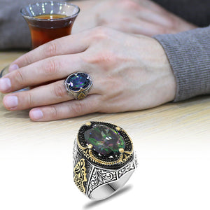 925 Sterling Silver Men's Ring with Facet Cut Mystic Topaz Stone and Gothic Decorations on the Sides - EFENDINA PAZAR - Tesbihane - 102002335