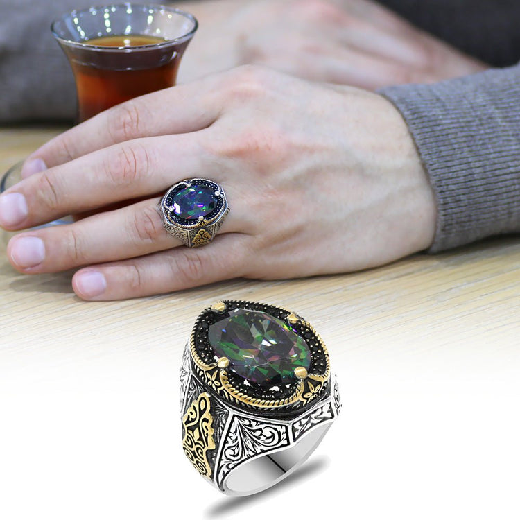 925 Sterling Silver Men's Ring with Facet Cut Mystic Topaz Stone and Gothic Decorations on the Sides - EFENDINA PAZAR - Tesbihane - 102002335