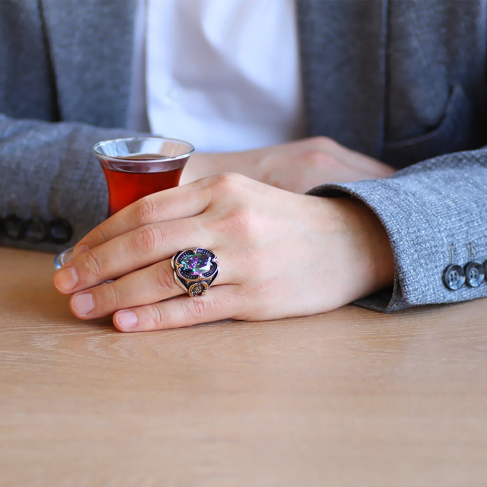 925 Sterling Silver Men's Ring with Facet Cut Mystic Topaz Stone and Sword Detail on the Sides - EFENDINA PAZAR - Tesbihane - 102002289