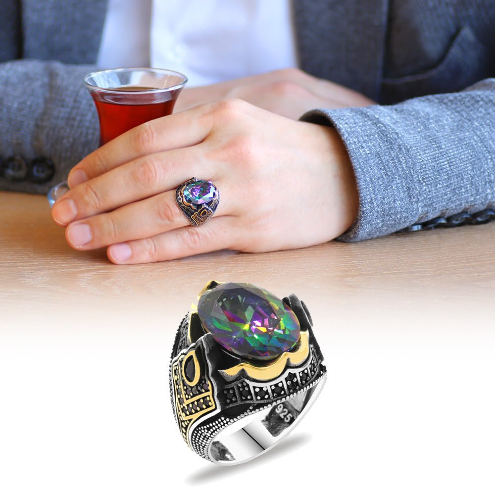 925 Sterling Silver Men's Ring with Facet Cut Mystic Topaz Stone - EFENDINA PAZAR - Tesbihane - 102002285