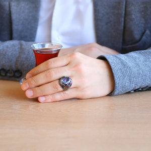 925 Sterling Silver Men's Ring with Facet Cut Mystic Topaz Stone - EFENDINA PAZAR - Tesbihane - 102002285