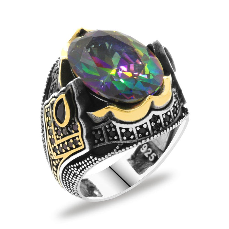 925 Sterling Silver Men's Ring with Facet Cut Mystic Topaz Stone - EFENDINA PAZAR - Tesbihane - 102002285