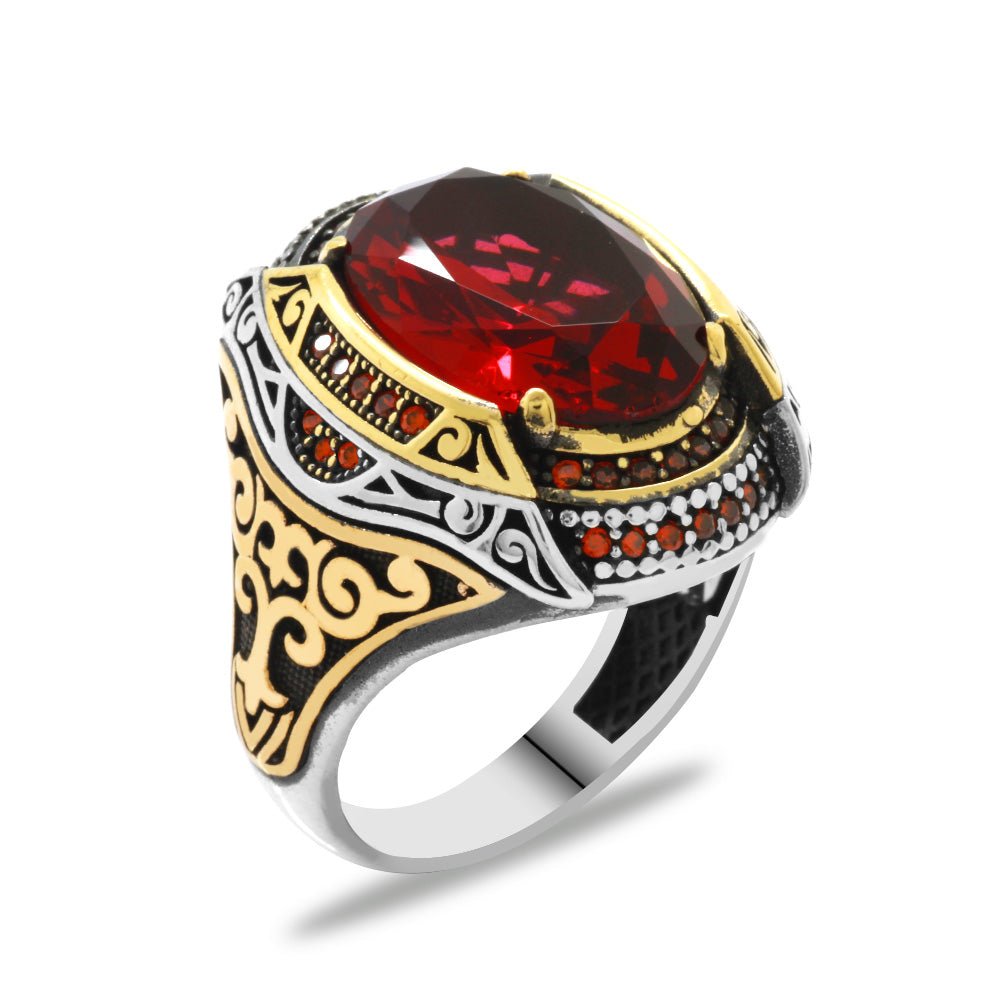 925 Sterling Silver Men's Ring with Facet Cut Red Zircon Stone and Micro Zircon Stone Set - EFENDINA PAZAR - Tesbihane - 102002267