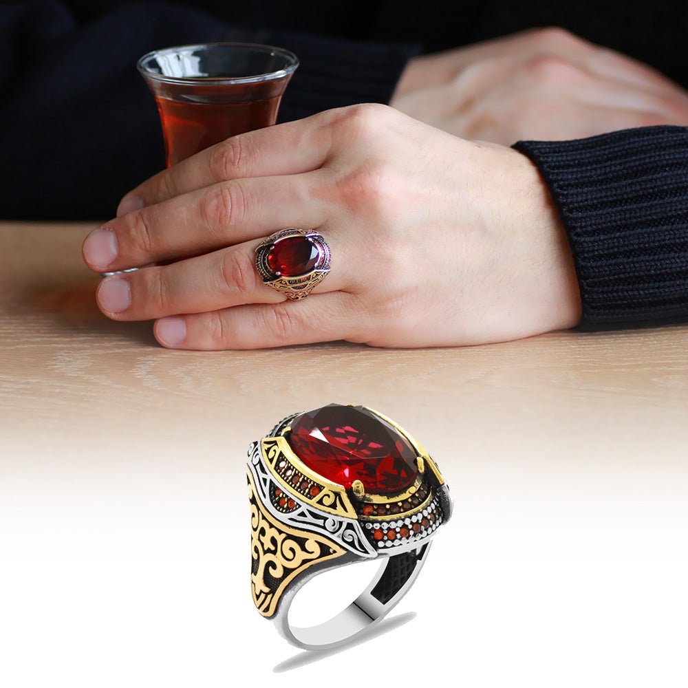 925 Sterling Silver Men's Ring with Facet Cut Red Zircon Stone and Micro Zircon Stone Set - EFENDINA PAZAR - Tesbihane - 102002267
