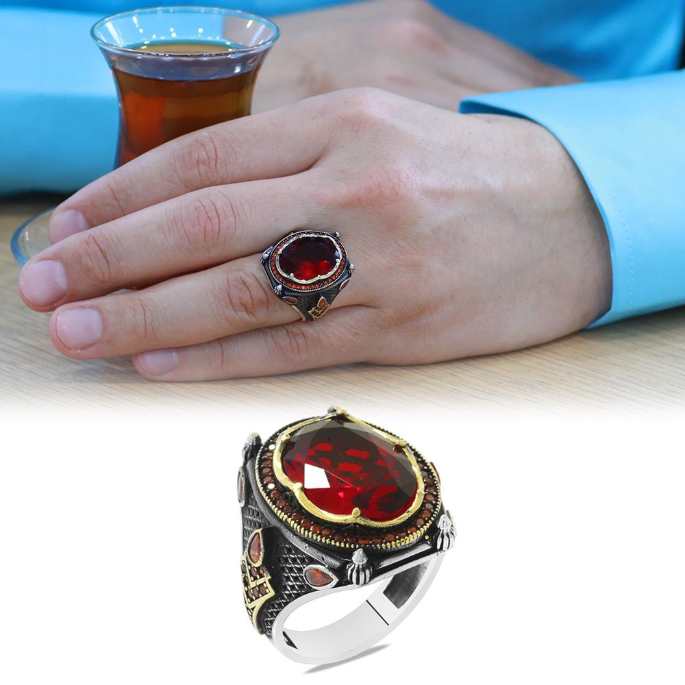 925 Sterling Silver Men's Ring with Facet Cut Red Zircon Stone and Torch Detail on the Sides - EFENDINA PAZAR - Tesbihane - 102002590