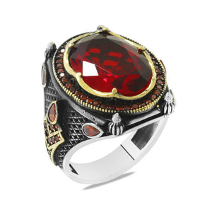 925 Sterling Silver Men's Ring with Facet Cut Red Zircon Stone and Torch Detail on the Sides - EFENDINA PAZAR - Tesbihane - 102002590