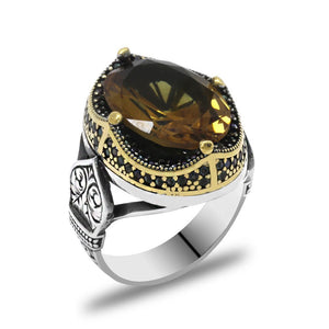 925 Sterling Silver Men's Ring with Facet Cut Zultanite Stone and Pencil Work on the Edges - EFENDINA PAZAR - Tesbihane - 102002349