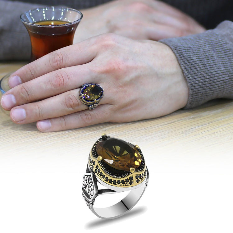 925 Sterling Silver Men's Ring with Facet Cut Zultanite Stone and Pencil Work on the Edges - EFENDINA PAZAR - Tesbihane - 102002349