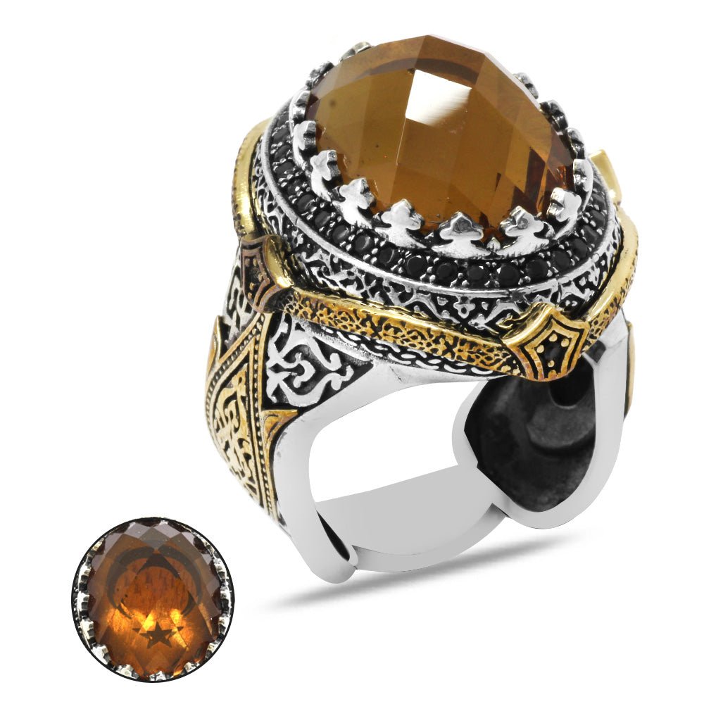 925 Sterling Silver Men's Ring with Facet Cut Zultanite Stone and Star and Crescent Pattern - EFENDINA PAZAR - Tesbihane - 102002785