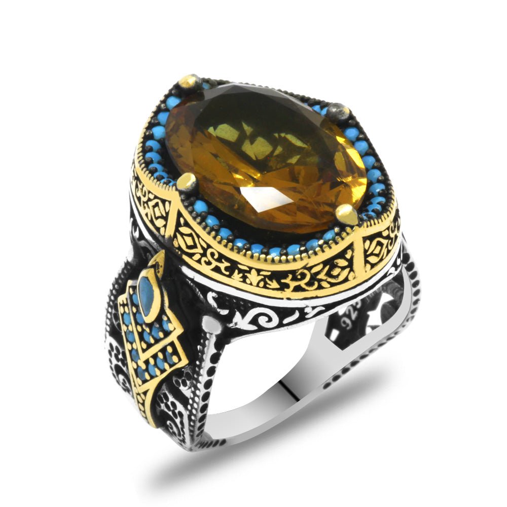 925 Sterling Silver Men's Ring with Facet Cut Zultanite Stone and Torch Detail on the Sides - EFENDINA PAZAR - Tesbihane - 102002348