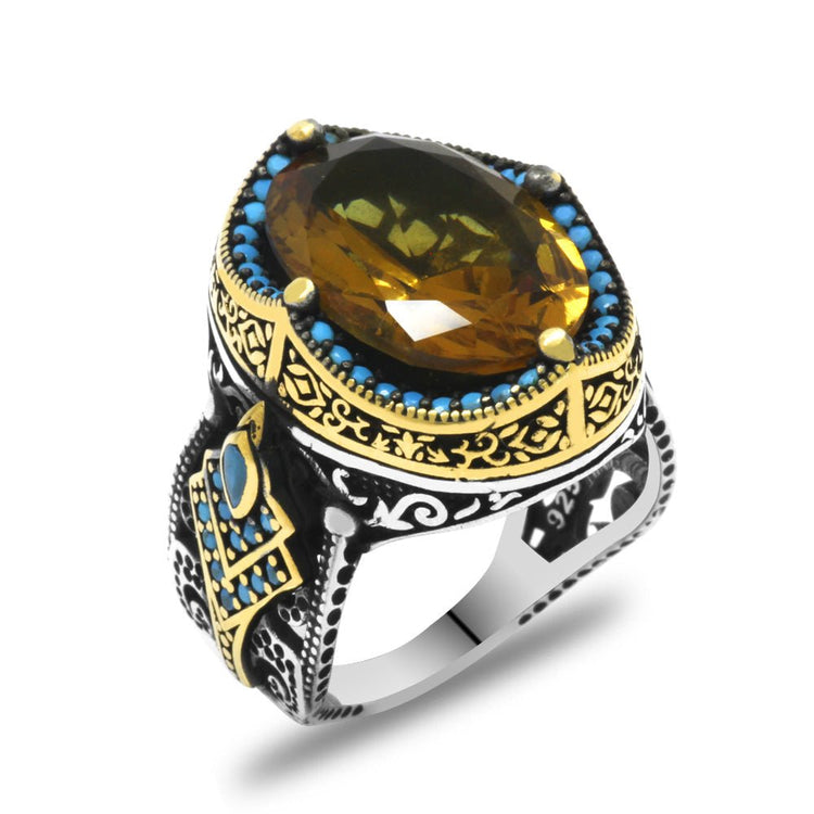 925 Sterling Silver Men's Ring with Facet Cut Zultanite Stone and Torch Detail on the Sides - EFENDINA PAZAR - Tesbihane - 102002348